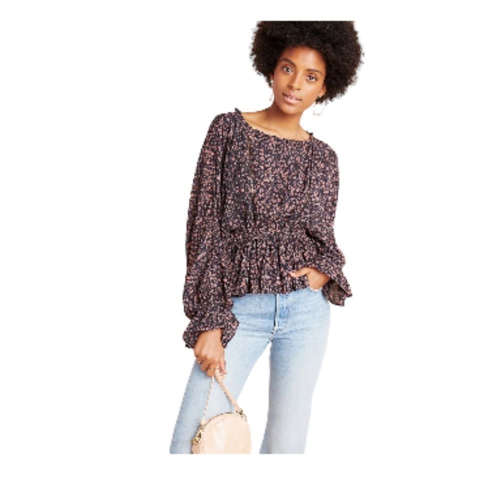 ANTHROPOLOGIE "Nichola" Brown Floral Balloon-Sleeve‎ Peplum Blouse M